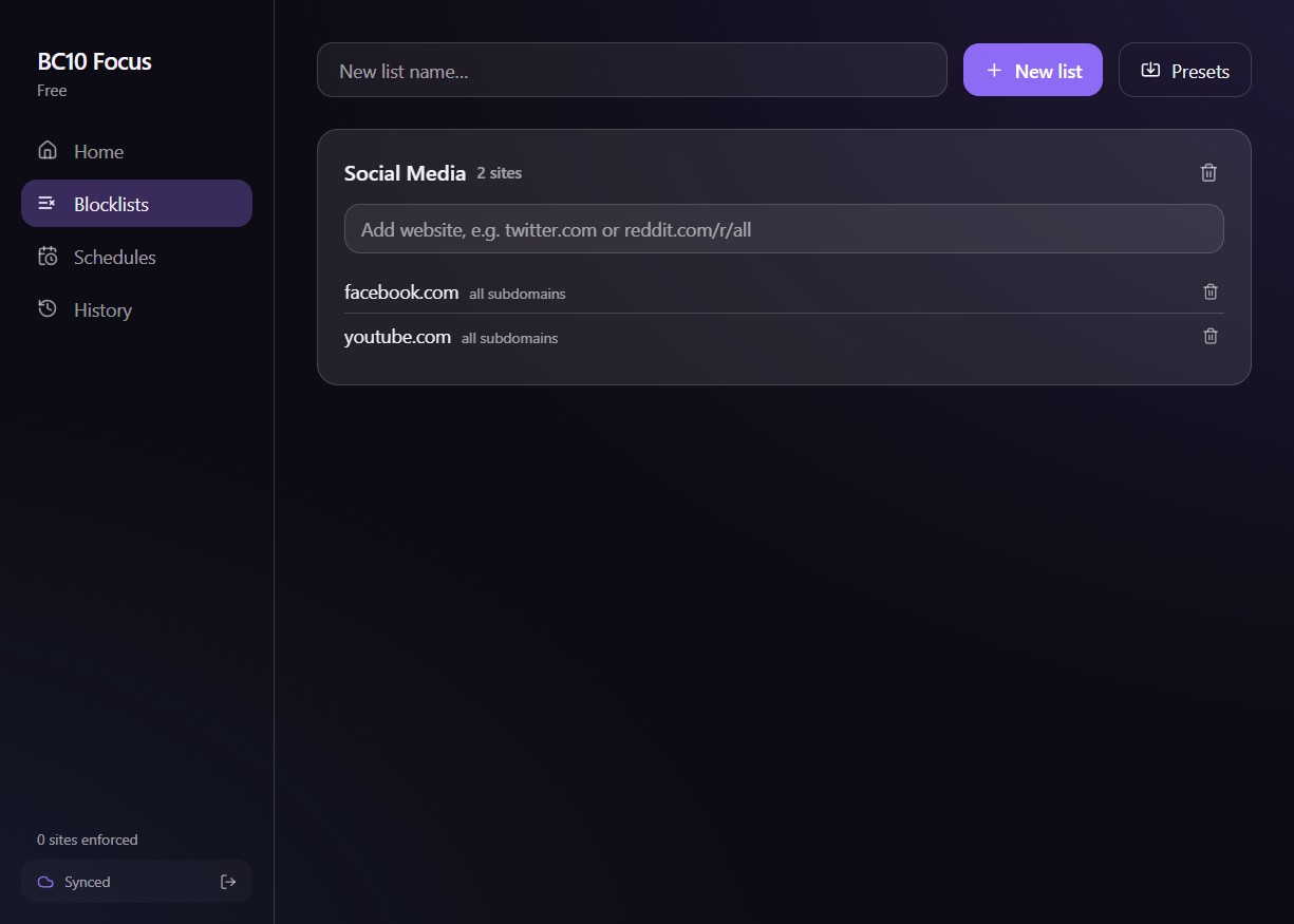 Blocklists in the desktop app: a Social Media list with facebook.com and youtube.com, all subdomains