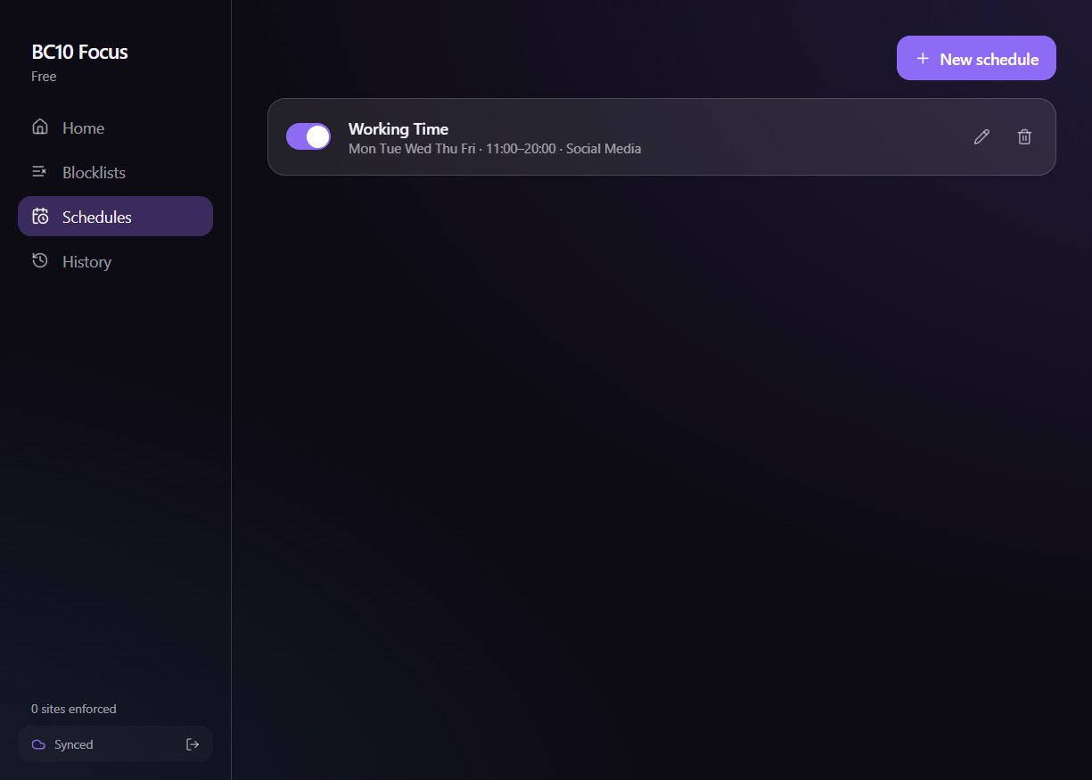 Schedules in the desktop app: Working Time, Monday to Friday 11:00 to 20:00, blocking the Social Media list