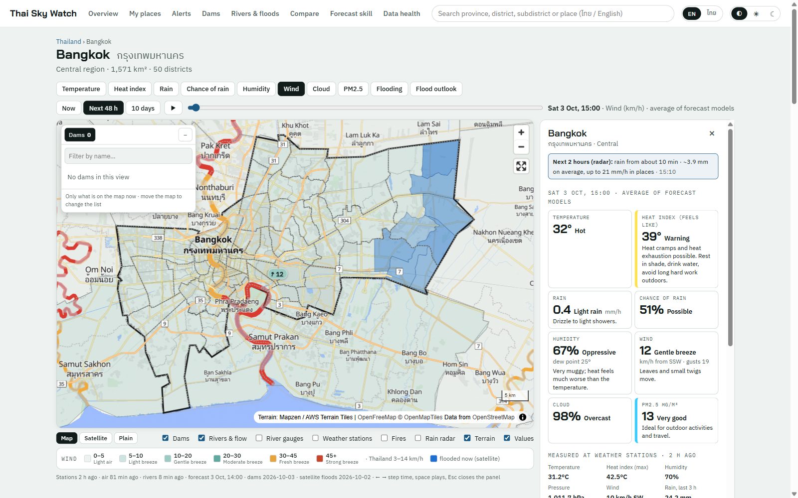 Bangkok province page: a district map with the forecast at the selected hour, a radar nowcast for the next two hours and the current station readings